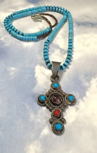 Poulat Matl Style Sterling Silver Amethyst MEX CROSS Pendant Turquoise Necklace - Picture 1 of 3