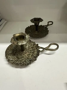 Pair Vintage Ornate Grape Cluster Solid Brass Candlestick Holders 1900’s Era - Picture 1 of 11