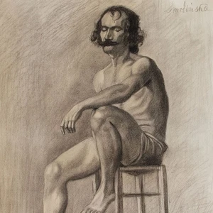 Nudo maschile seduto studio Zofia Mierzeevska pezzo unico disegno carbone fine XIX secolo - Foto 1 di 4