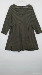 Locker geschnitten olivbraun gestreift V-Ausschnitt Stretch Jersey Schlag Tunika Top Lagenlook XL - Bild 1 von 18