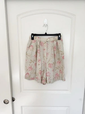 Pantalones Cortos Lauren Ralph Lauren Vintage Preppy Floral Lino Plisado Frontal Foto 1 de 4