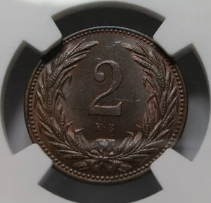 HUNGARY Empire Austria 2 Filler 1901 NGC MS 64 BN UNC Bronze Crown Franz Joseph - Picture 1 of 8