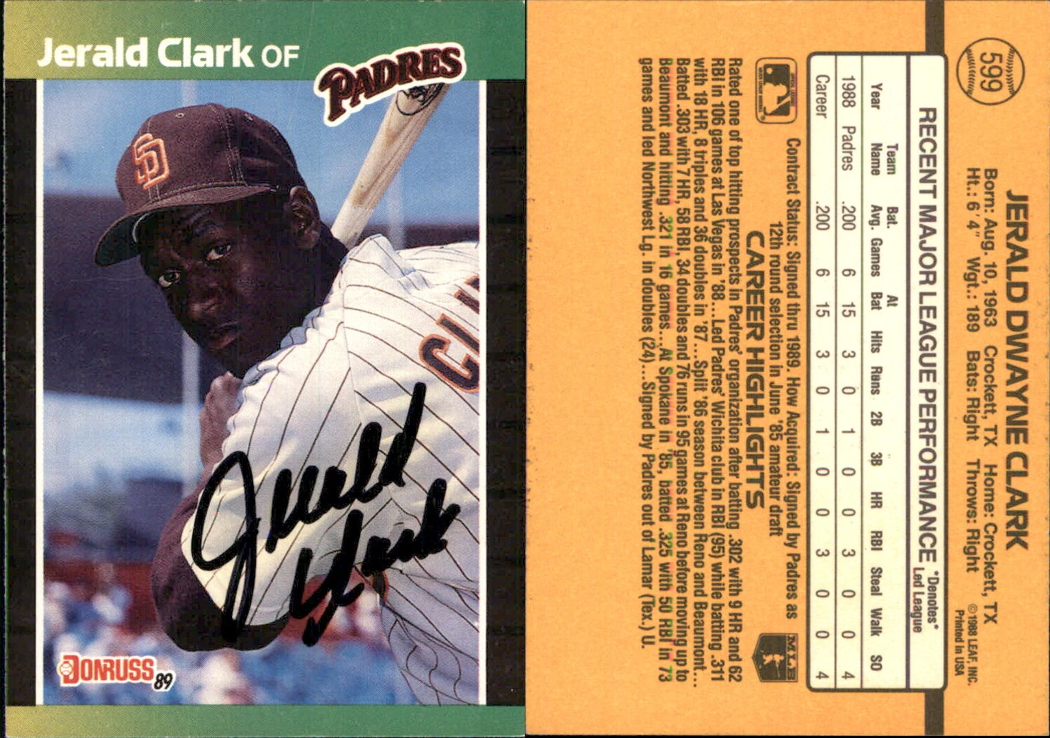 Jerald Clark Signed 1989 Donruss #599a Card San Diego Padres Auto AU