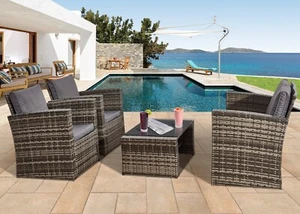 Juego de sofá de jardín de ratán gris mezcla de 4 piezas con cojines y mesa con tapa de cristal - Imagen 1 de 22
