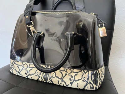 Furla bag-Black/Beige Leopard Print Rubber and Leather Candy Satchel - Image 1 of 4