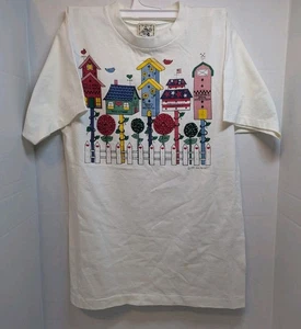 Vintage Alore Women's Tshirt Birdhouses White Size M USA 1995 Vicki Melhart - Picture 1 of 11