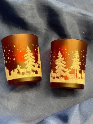 Teelichthalter Windlicht Kerzenglas rot weiß beflockt  2er Set - Bild 1 von 4