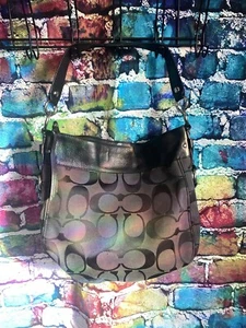 Coach Womens Zoe Shoulder Bag Signature F14709 Black Gray Jacquard Tote - Picture 1 of 7