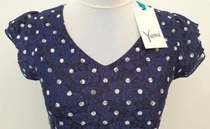 YUMI Size 8 Polka Dot Dress Navy Blue FLORAL LACE White Tea Shift XS BNWT New UK - Picture 1 of 21