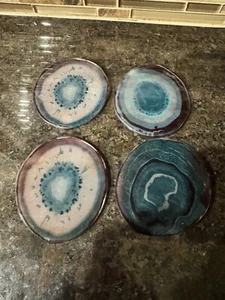 Faux Agate Style Glass Coasters 4 Count 4” Turquoise Purples - Picture 1 of 10