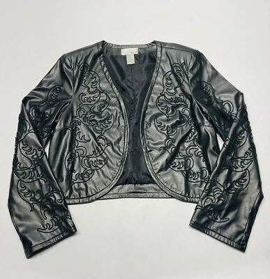 Vtg Black Cropped Vegan Leather Embroidered Boho Open Jacket Sz 12 Edgy Western - Image 1 of 4