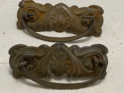 2 Vintage Stamped Metal DRAWER Handles Fancy Leaf Backplates Ring & Bail Pulls - Image 1 of 4