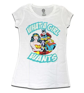 Camiseta blanca de DC Comics What a Girl Wants Juniors S-2XL Wonder Woman Super Girl - Imagen 1 de 3