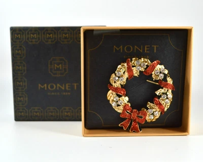Monet Wreath Brooch Red Gold Tone Clear Rhinestone Never Worn Original Brown Box - Image 1 of 4