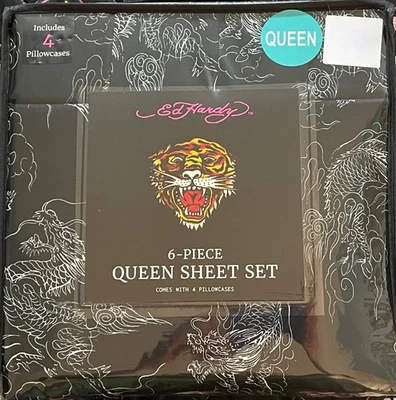 Nuevo con etiquetas Juego de sábanas Ed Hardy Queen 6 piezas negro dragón gráfico tatuaje ropa de cama Foto 1 de 4