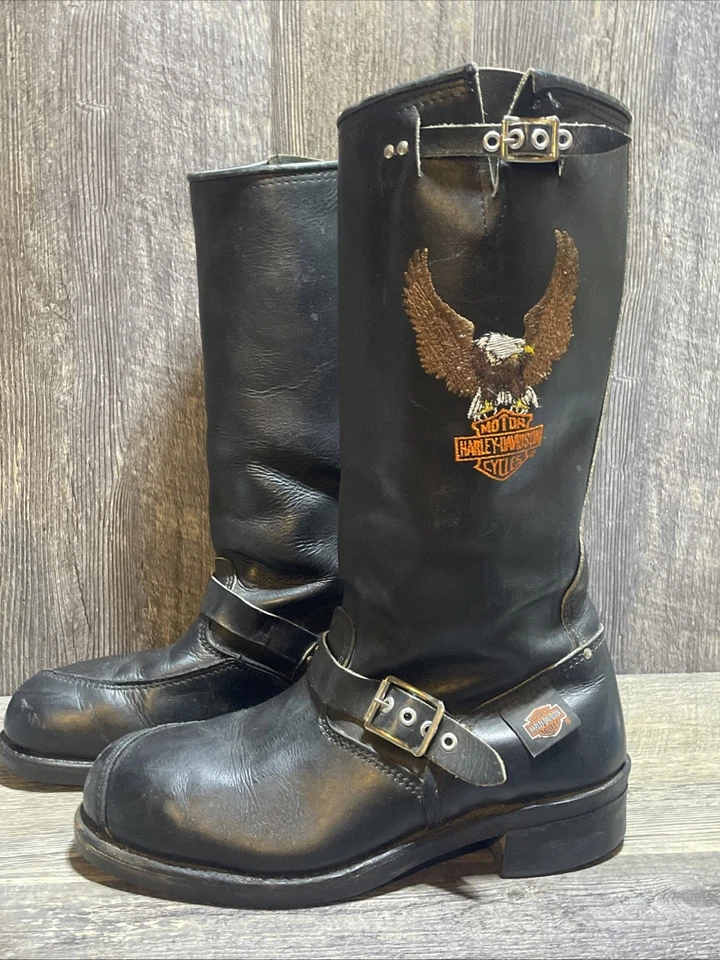 Vtg Embroidered Eagle Logo 1980s Leather Harley Davidson Motorcycle Boots Sz 9.5 - Image 1 of 4