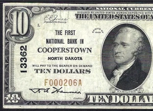 🇺🇸 ND 1929 $10 ♚♚ COOPERSTOWN, DAKOTA NORTE ♚♚ PMG MUY FINO 25 DIFÍCIL DE ENCONTRAR! - Imagen 1 de 3