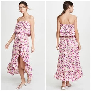 Abito midi MISA Sabella senza spalline con volant e cravatta in vita fucsia floreale XS $326 - Foto 1 di 16