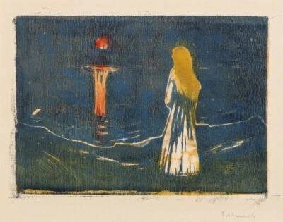 Vision Print – Edvard Munch 1907 Expressionist Woodcut with Dreamlike Encounter - Image 1 of 2