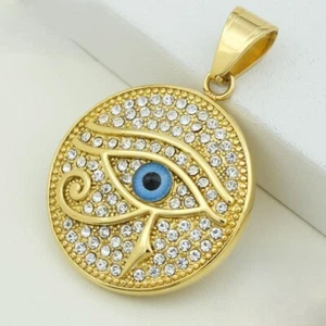 Men Stainless Steel,Pyramid Egyptian Eye CZ Icy Bling Pendant*Gold plated Box - Picture 1 of 3