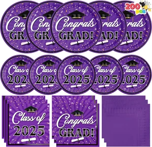 200 Pcs Graduation Party Plates and Napkins Dinnerware Set Supplies, 2025 Purple - Picture 1 of 12