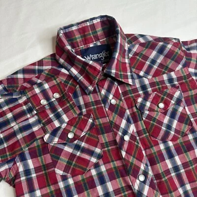 WRANGLER 西部红色蓝色格子珍珠扣衬衫 男孩 XS 3-4 牛仔牛仔牛仔牛仔牛仔牛仔竞技 — 第 1/4 张图片