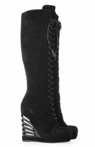 Yves Saint Laurent (YSL) Black Knee High Suede Lace Up Wedge Boots, Size 38.5 - Picture 1 of 11