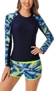 Aonihua Women's Two Piece Swimsuit Size Small Long Sleeve Rash Top Shorts Blue - Picture 1 of 15