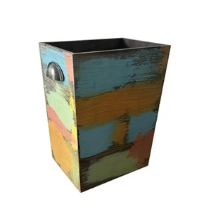Rustic Wooden Trash Can, Multi-Color Distressed Finish, 10L Capacity, Decorat... - Picture 1 of 7