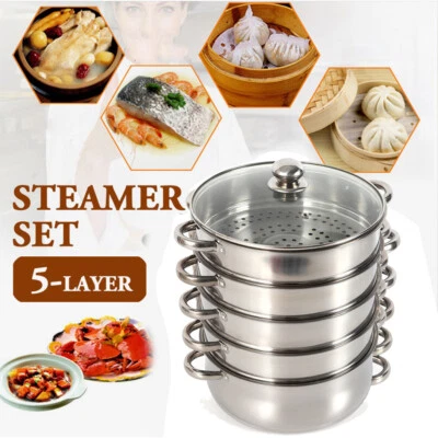 MARKENLOS 30cm Induktion Dampfgarer 5 Lagige Edelstahl Kochtopf Dampfkocher mit Glasdeckel