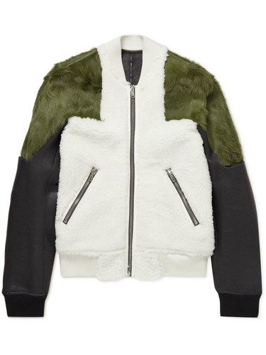 Giacca bomber capelli di polpaccio Rick Owens con pannelli in pelle shearling bianca taglia IT 48