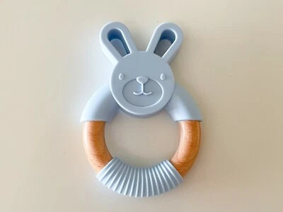 New Bunny Silicone Natural Beech Wood Baby Teething Ring Mint Blue Pink Lilac - Image 1 of 4