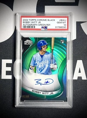 2022 Topps Chrome Black Bobby Witt Jr. Green Refractor Auto RC #’d 01/99 PSA 10 - Image 1 of 2