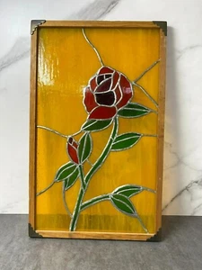 Vintage Stained Glass Panel With Red Rose Design Yellow In Wooden Frame Belle - Picture 1 of 7