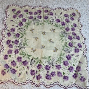 Vintage bedruckt überbackene lila Rosen Schmetterlinge Taschentuch Taschentuch überbacken 13 Zoll - Bild 1 von 10