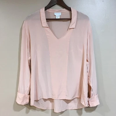 Soft Surroundings Silk V Neck Collared Blouse Peach Pink Sz M Feminine Classic - Image 1 of 4