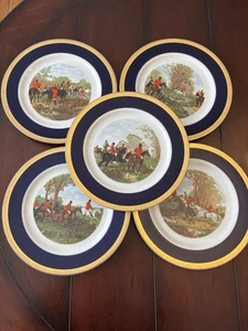 The Huntsman Fox Hunt Plates Gold Blue Edge J F Herring Sen - Set 5 Vintage Rare - Picture 1 of 9