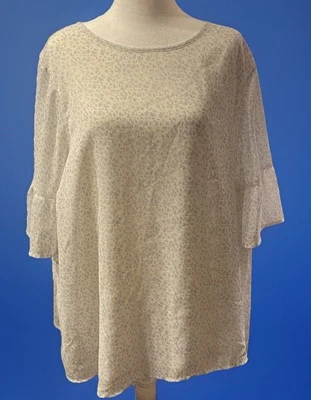 Women's Size 2X Shirt Bell Sleeve Lined White Blue  Bohemian Animal Print Blouse - Image 1 of 4