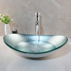 Lavatory Bathroom Vessel Sink Tempered Glass Washbasin Chrome Mixer Faucet Set - Picture 1 of 9