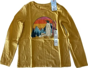 NWT Girls Cat & Jack Medium (8) Mustard Yellow Long Sleeve Shirt Skiing Penguin - Picture 1 of 4