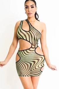 Women's Sexy Zebra Print Mesh Cut Out Asymmetric Mini Dress Party Club Festival - Picture 1 of 40