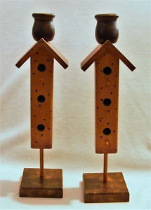 Set of 2 Candlesticks . Bird Feeder / House Wood Tapered Candle Holders - Picture 1 of 6