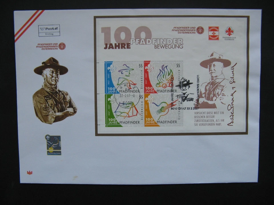 AUSTRIA, cover FDC 2007, S/S 100 years scouting, Baden Powel, canc GRAZ +B Powel - Image 1 of 1