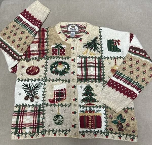 Vintage Tiara International Ugly Christmas Sweater Cardigan XL Beige Glittery - Picture 1 of 12