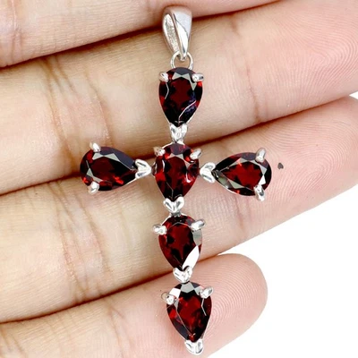 Colgante de plata de ley 925 pera granate mozambique 7x5 mm cruz piedras preciosas joyería Foto 1 de 4