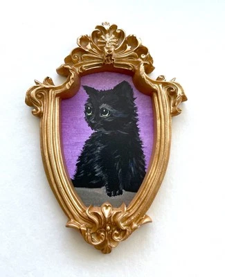 Black Fluffy Baby Cat Framed Miniature Mini ART PRINT Gold Ornate Frame NOT ACEO - Image 1 of 4