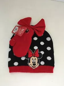 MINNIE MOUSE DISNEY, Mütze & Fäustling, Strick Winter Beanie, Polka Dots & Schleife NEU - Bild 1 von 5