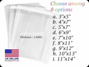 100PCS Premium Clear Resealable Cellophane Cello Bag 1.6Mil OPP Bag Resealable - Picture 1 of 10