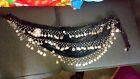 Heavy Duty Black Belly Dancing Skirt Waist Wrap 3 Rows of Silver Coins. 