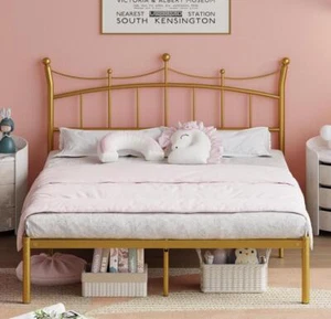 Gold Bed Frame w/ Crown-shaped Headboard Heavy Duty Metal For Girls Adults New - Picture 1 of 7